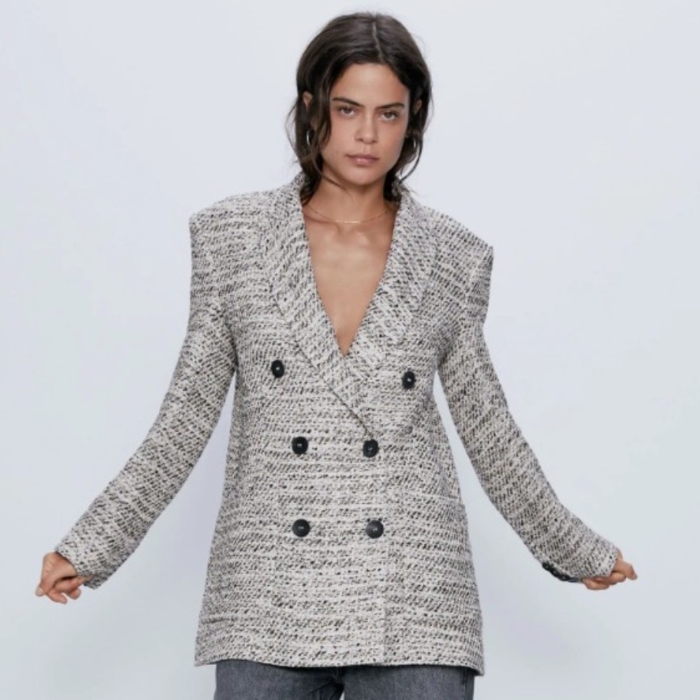 ZARA Double Breasted Preppy Plaid Tweed Classic Blazer